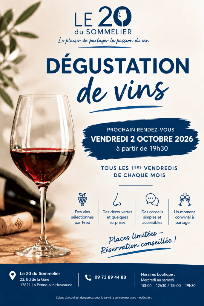 Dégustation de vins Vendredi 2 octobre 2026 Le 20 du Sommlier Cave à vins Marseille Cave à vins Aubagne
